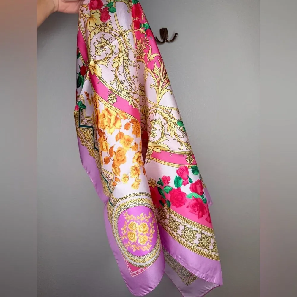 NEW IN BOX ✨ VERSACE SILK TWILL Medusa Hot Pink Roses & Gold Large Scarf